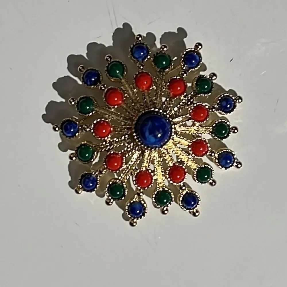 Vintage Gold Tone Sarah Coventry Brooch with Blue, Green, and Red Decoration